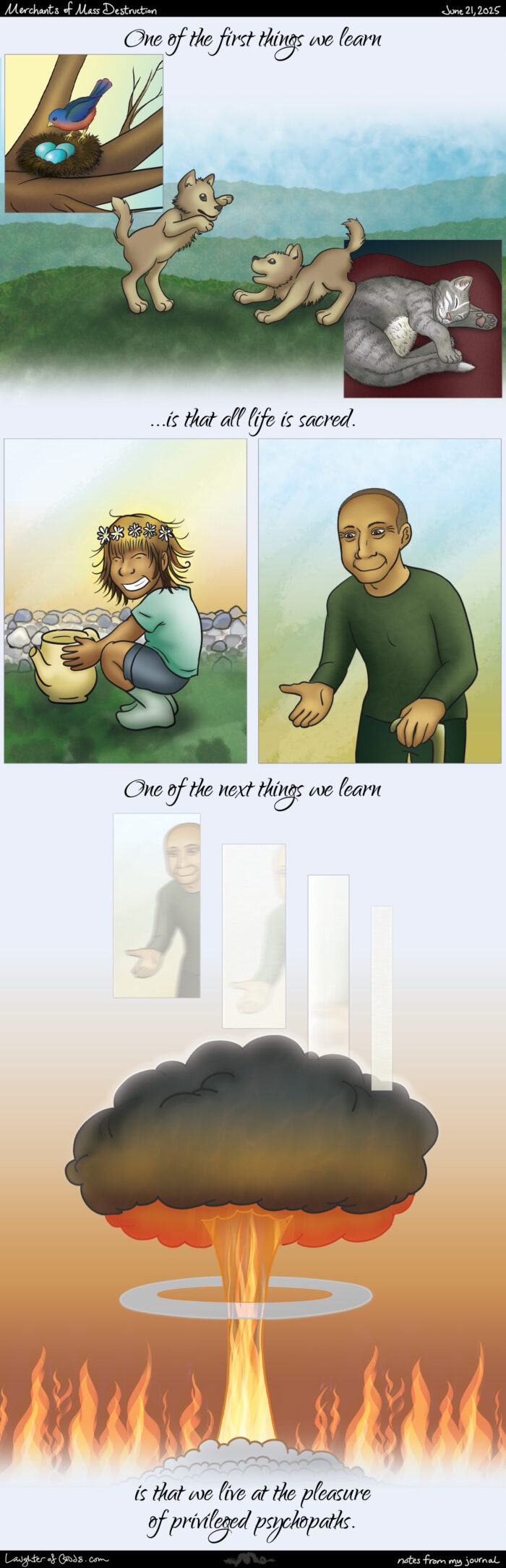 Humans and animals fading into a mushroom cloud at the whim of world leaders